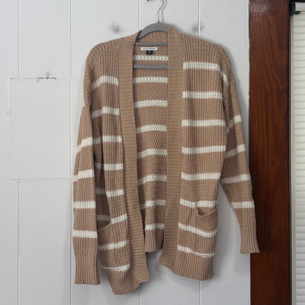 American Eagle Womens Tan White Striped Open Front Cardigan Sweater Pockets S